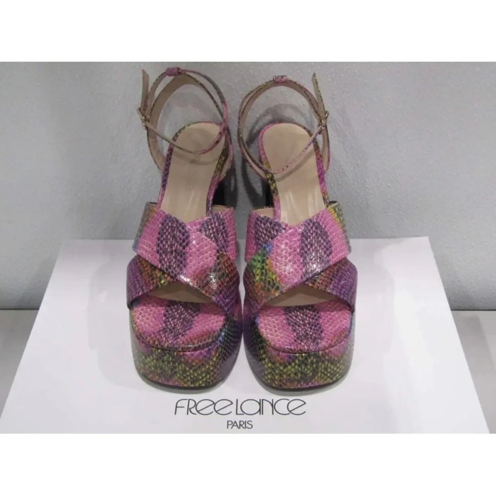 NWT FREE LANCE Freelance Gabi 95 Heeled sandal cross straps Snake print leather - Picture 8 of 12